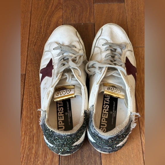 Women  Super-Star Sneakers EU 40 US 10 Leather Burgundy Star Glitter